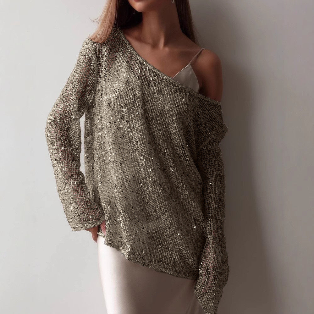 Amerikaanse Elegante Off-Shoulder Holle Oversized Pullover Pailletten Top en Lange Mouwen voor Dames & Plus-size