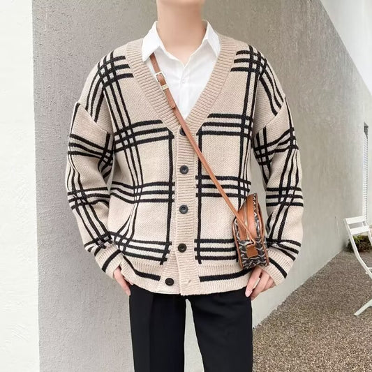 Retro Fashion Casual Gebreide Trui-cardigan met Gestreept-patroon Knoopsluiting voor Heren