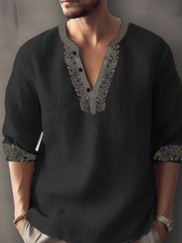 Europese Casual Oversized Kleurmatching Bamboe Linnen T-shirt met 3D Bedrukte Henleykraag en Lange Mouwen voor Heren