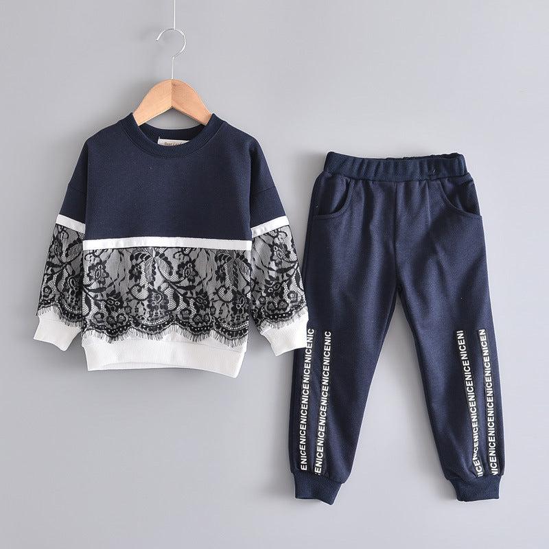 Meisjes Tweedelig Pak Sweatshirt met Kantsteek & Broek met Letterprint voor Kinderen/ Tieners