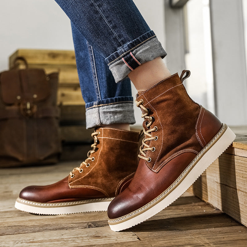 Amerikaanse Klassieke Casual Retro Effen Boots van Echte Leer met Suède en Vetersluiting voor Heren