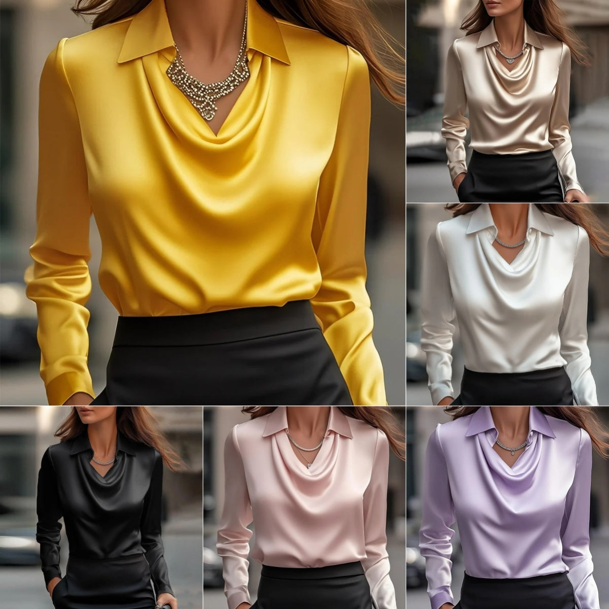 Basic/ Bedrukte Elegante Uniek Swing Collar Gedrapeerde Effen Satijnen T-shirt met Lange Mouwen voor Dames/Plus-size & Meiden