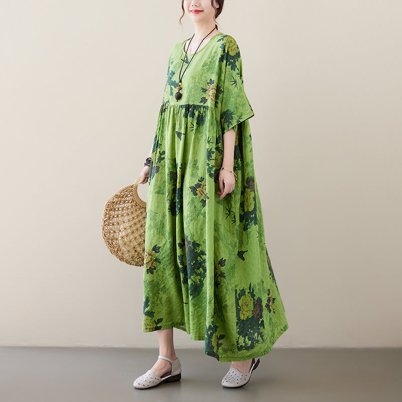 Renaissance Vintage Boheemse Bloemenprint Maxi-jurk met Ronde Hals en Korte Mouwen voor Dames