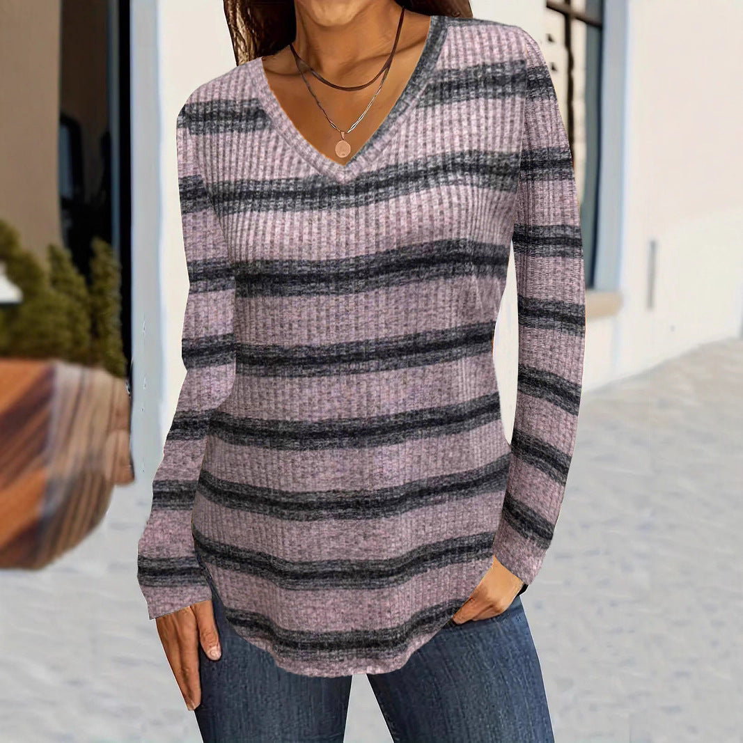 Amerikaanse Modieuze Designer Ontwerp Casual Gestreepte Gebreide Trui met V-hals voor Dames & Plus-size
