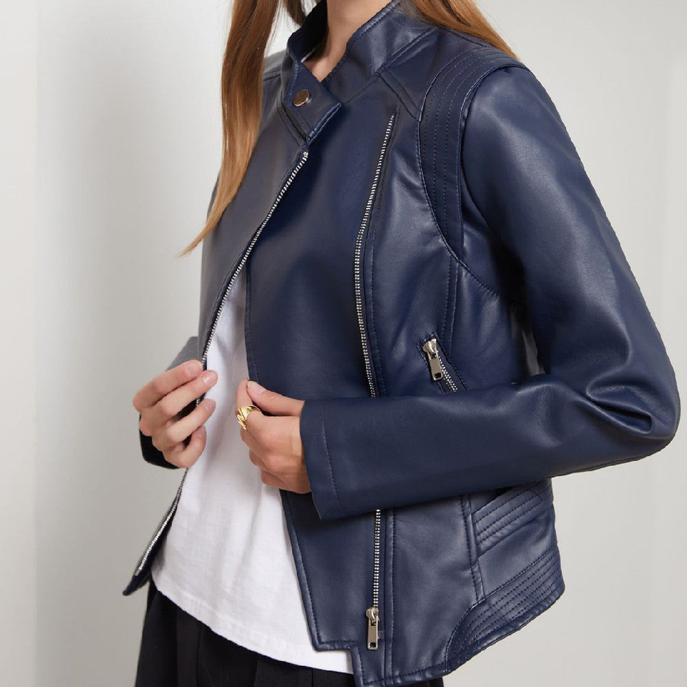 Casual Korte Slim-Fit Revers Motorjacket van PU-Leer met Ritssluiting voor Dames & Plus-size