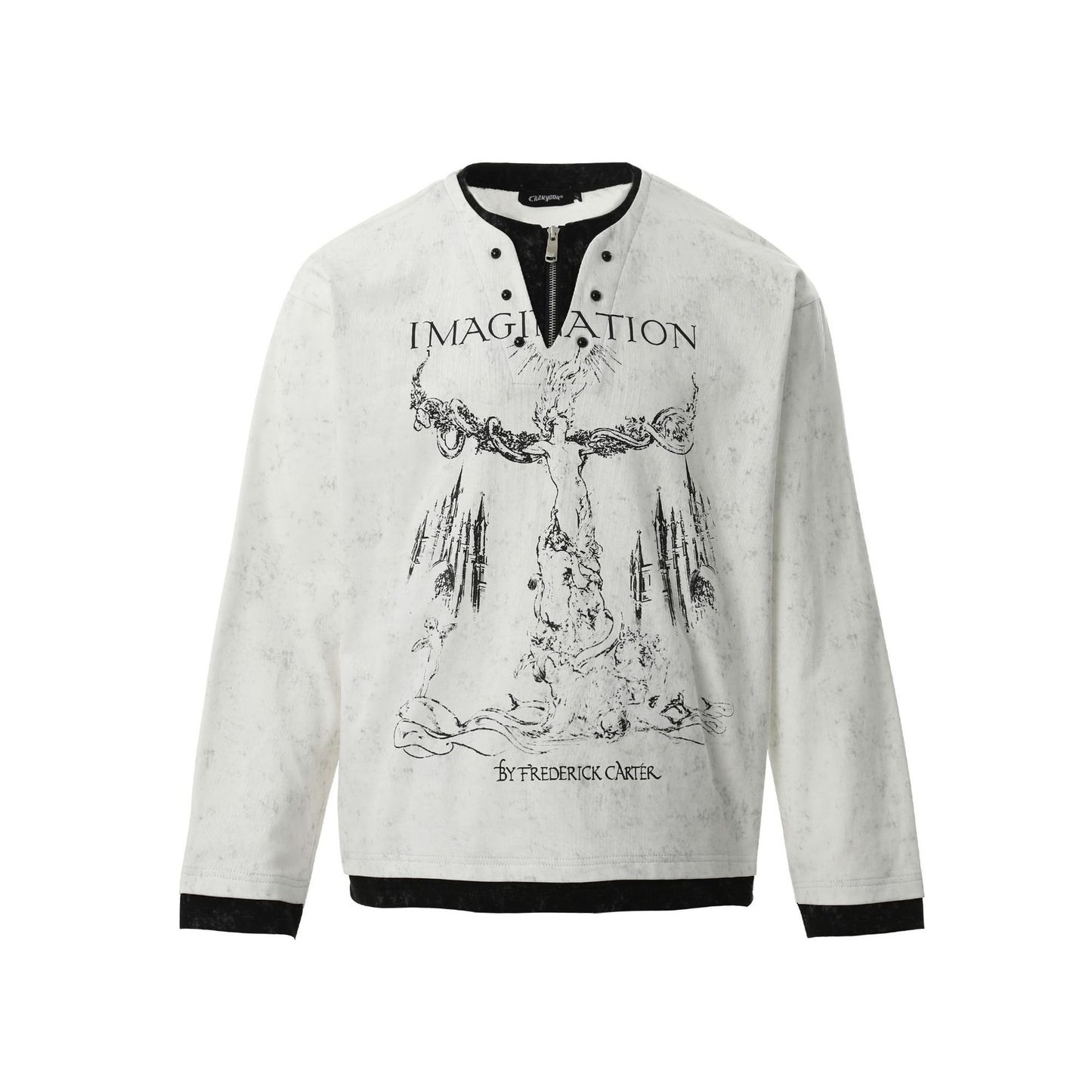 Amerikaanse Retro Punk Bedrukte Long Sleeve Tweedelig T-shirt met Parelknoopsluiting en V-hals voor Unisex