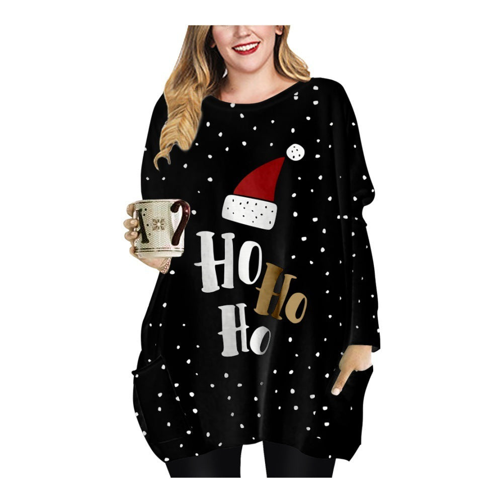 Kerstmis Trendy Stijlvolle Oversized Lange Kerstjurk met Kerstmismotief en Ronde Hals voor Dames & Plus-size