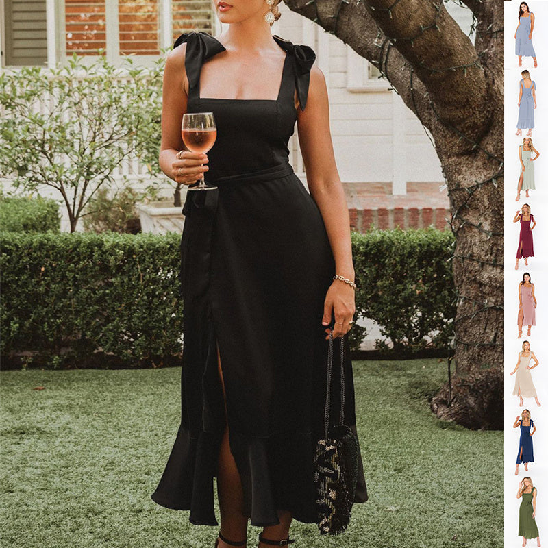 Casual Ontwerp Geplooide Avond/ Feestjurk met Split en Vetersluiting in Effen Kleur voor Dames