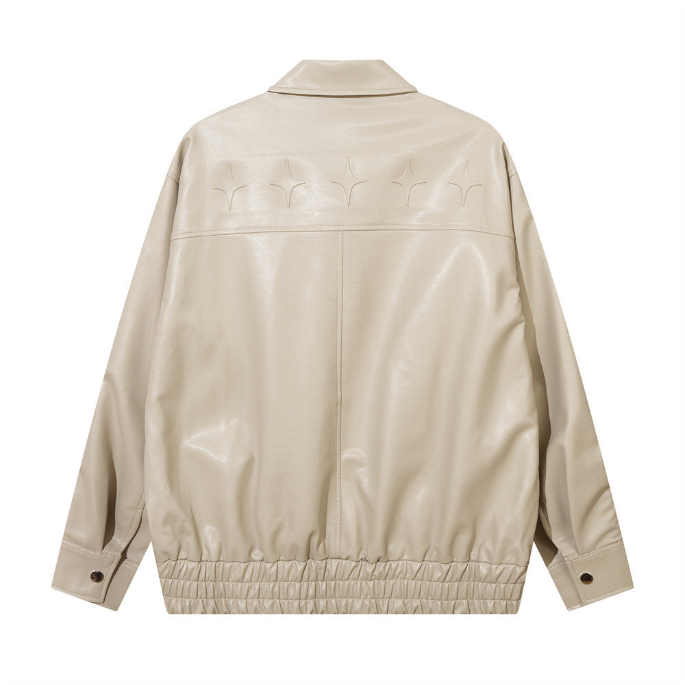 Trendy Losse Jacket van PU-Leer in Effen Kleur met Geborduurde Letters voor Heren