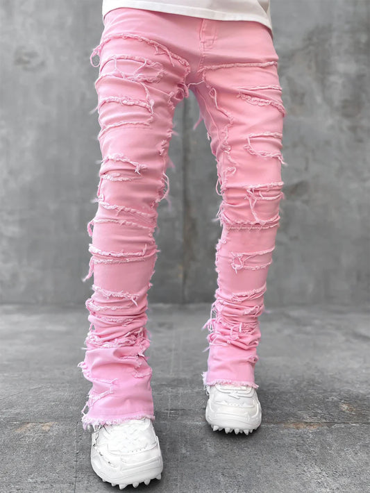 Modieuze Unieke Designer Eenvoudige Effen Kleur Staked Distressed Ripped Skinny Jeans met Patchwork voor Heren & Jongens