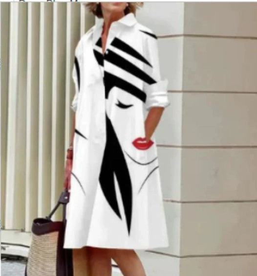 Klassieke Elegante Effen Kleur Middellange Overhemdjurk met Lange Mouwen voor Dames & Plus-size