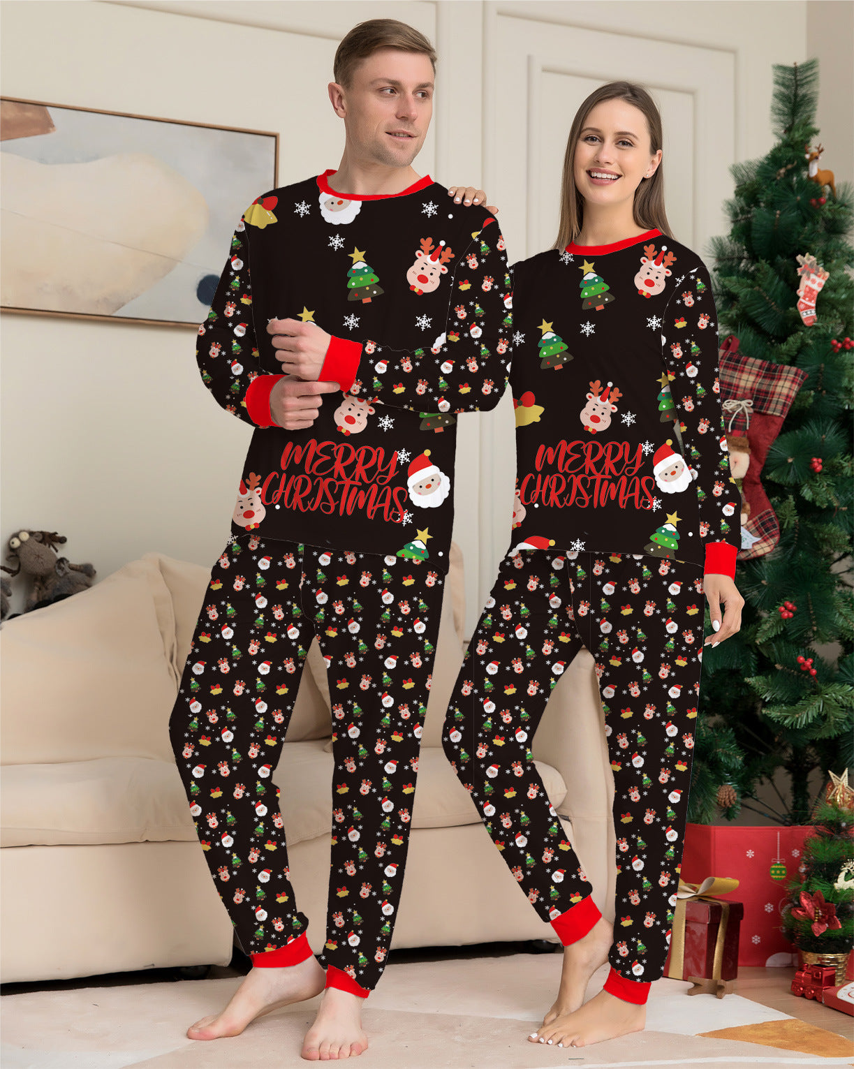 Kerstmis Familie Trendy Casual Matching Kerstpyjama Sets met Kerstmisprint voor Gezin & Koppels