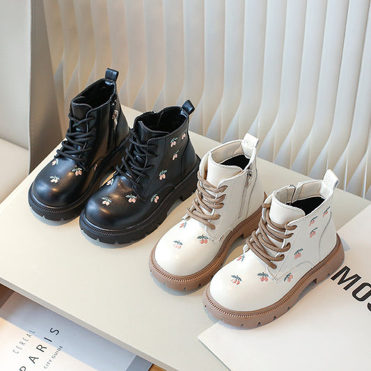 Uniek Ontwerp Stijlvolle Bikerboots van PU-Leer met Geborduurde Bloemenpatroon voor Meisjes & Meiden