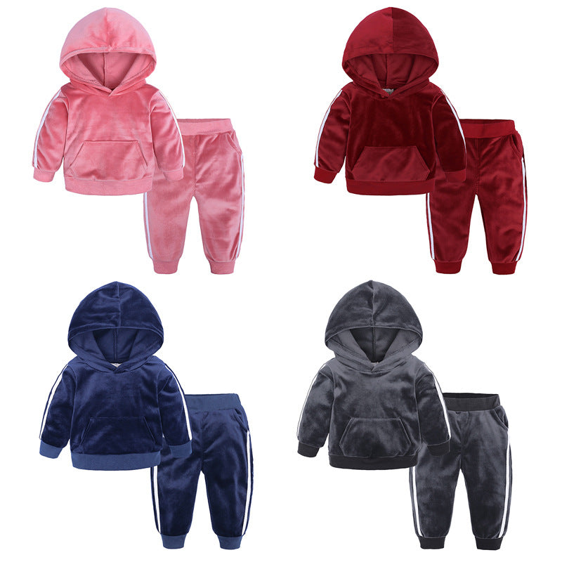 Sportieve Kinderset Casual Effen Kleur Hoodie en Bijpassende Joggingbroek van Fluweel met Gestreepte Patroon en Buidelzak voor Kinderen