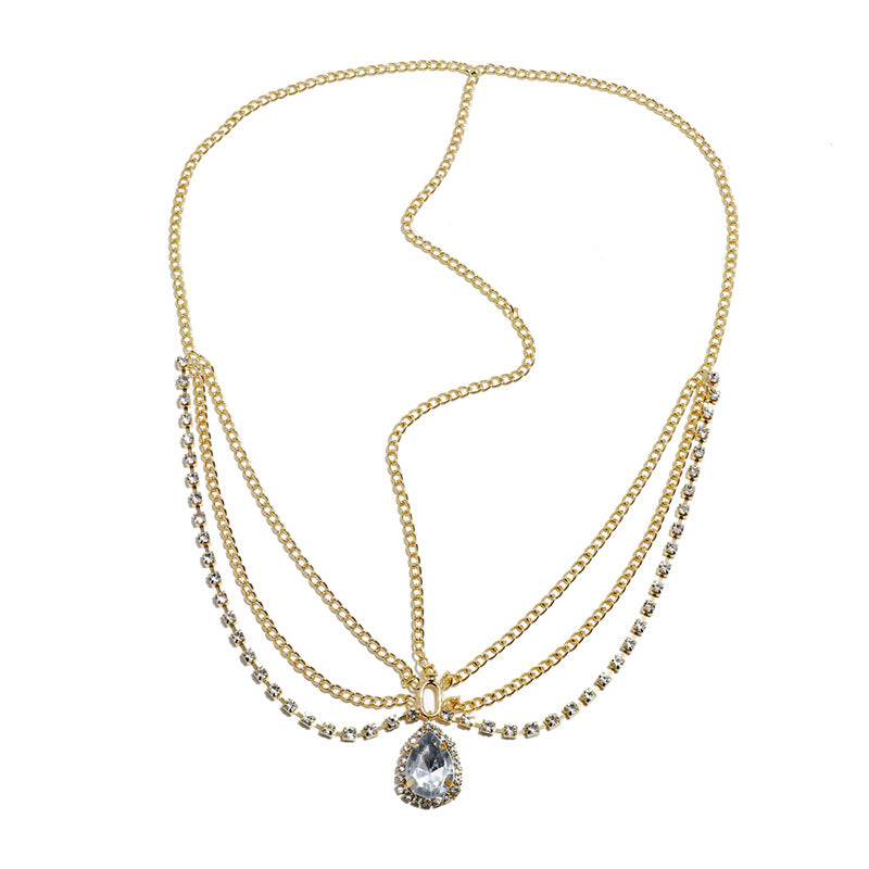 Retro Modieuze Meerlaagse Strass-steentjes Haarketting met Kwastjes en Geometrische Waterdruppelvormige edelsteen voor dames
