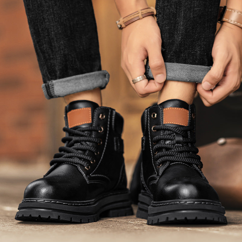Retro Casual Business Effen Kleur Hoge Workboots van Echt Leer met Ronde Neus en Vetersluiting voor Heren