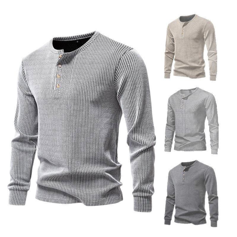 Modieuze Casual Gestreepte Henley Slim Fit Ronde Hals T-shirt met Halve Knoopsluiting en Lange Mouwen voor Heren & Jongens