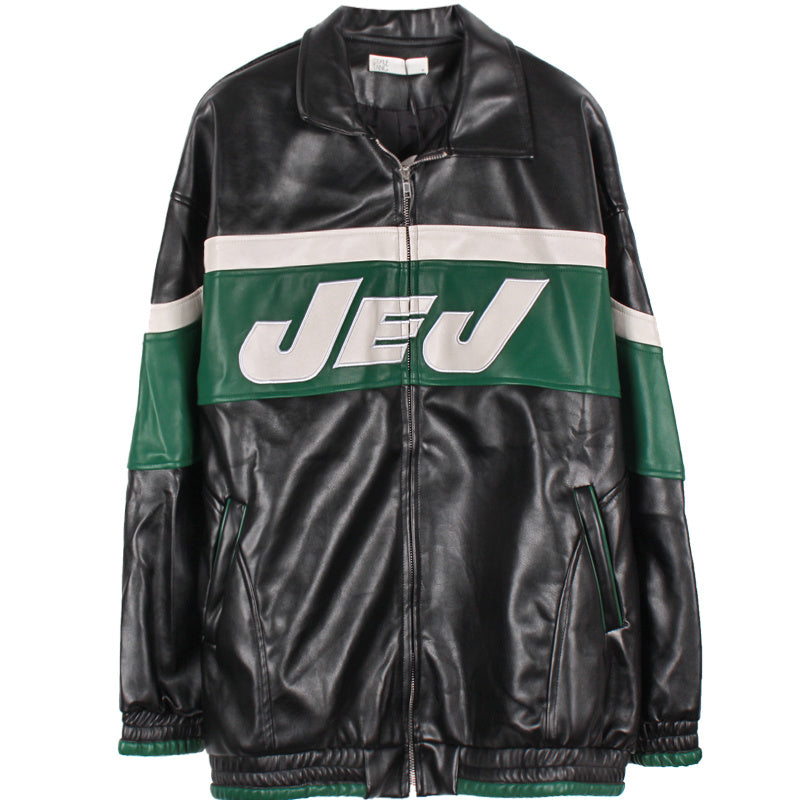 Amerikaanse Retro zwarte Jas van PU-Leer met Patchwork en Letters voor Dames