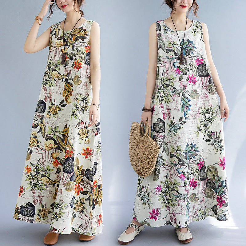 Casual Vintage Mouwloze Linnen Oversized Maxi-jurk met All-Over Bloemenprint en Ronde Hals voor Dames & Plus-size