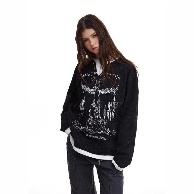 Amerikaanse Retro Punk Bedrukte Long Sleeve Tweedelig T-shirt met Parelknoopsluiting en V-hals voor Unisex