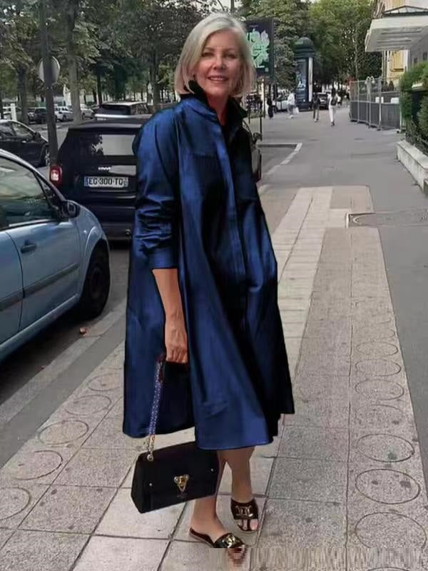 Klassieke Elegante Effen Kleur Middellange Overhemdjurk met Lange Mouwen voor Dames & Plus-size