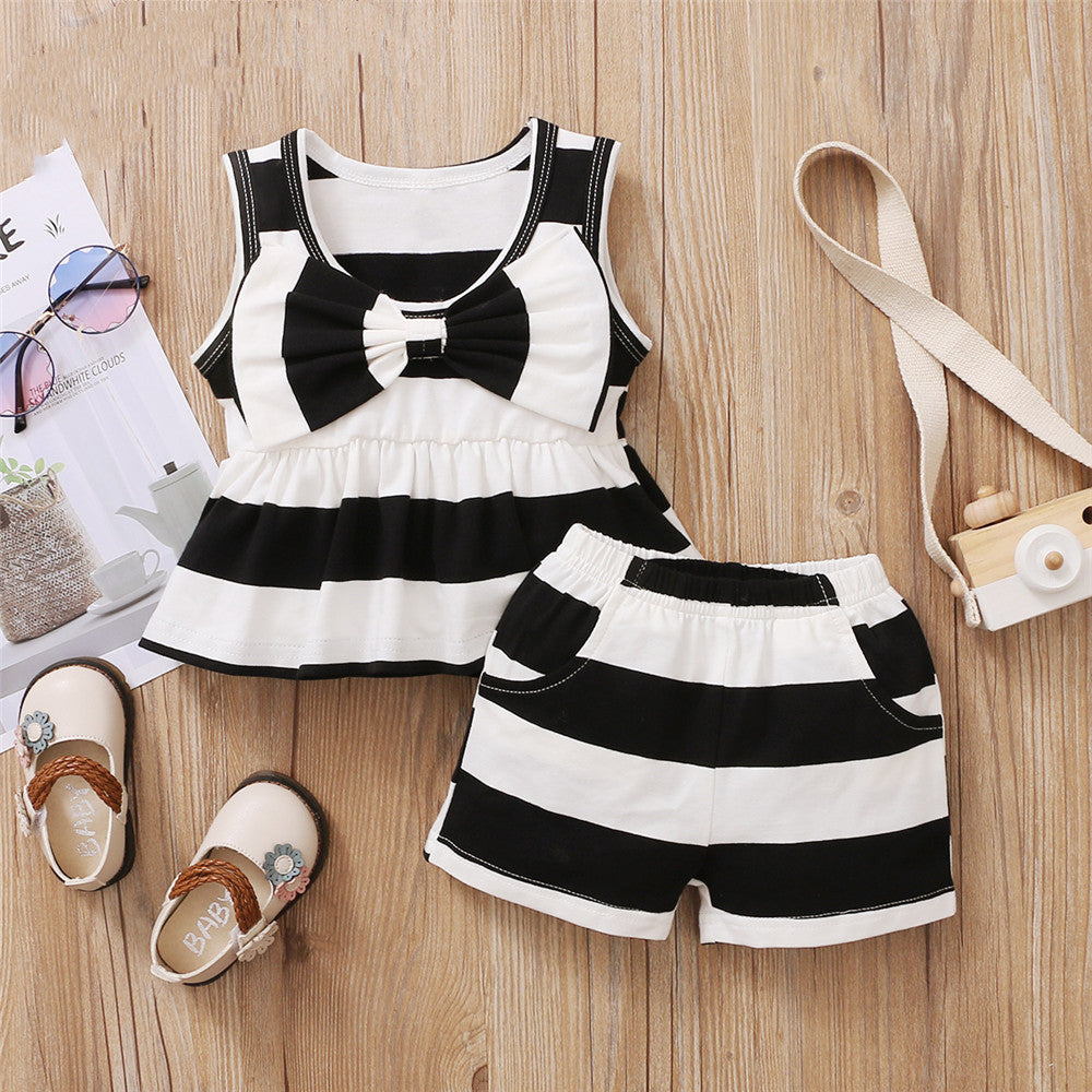 Europese en Amerikaanse Stijl 2-delige Set Gestreepte Tanktop met Strik & Gestreepte Korte Broek voor Baby's/ Peuters
