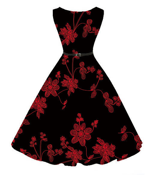 Hepburn Style Vintage Mouwloze 50's Slanke Taille Big Swingjurk met Riem en Bloempatroon voor Dames & Plus-size