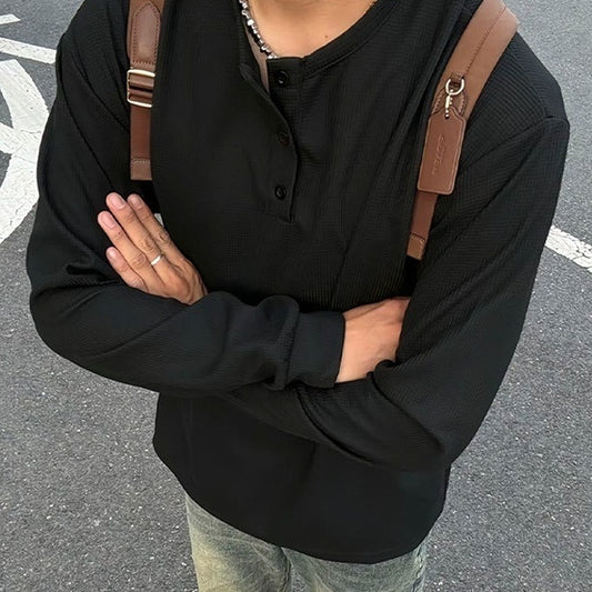 Amerikaanse Modieuze Casual Effen Kleur Henley Long Sleeve Ronde Hals Shirt met Lange Mouwen en Halve Knoopsluiting