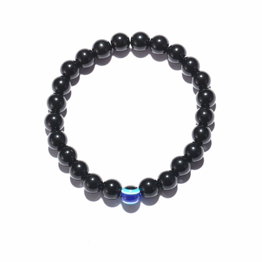 Trendy Effen Kleur Klassieke Turkse Boze-Oog (Nazar) Armband met Zwarte Natuurstenen (Obsidiaan) voor Heren