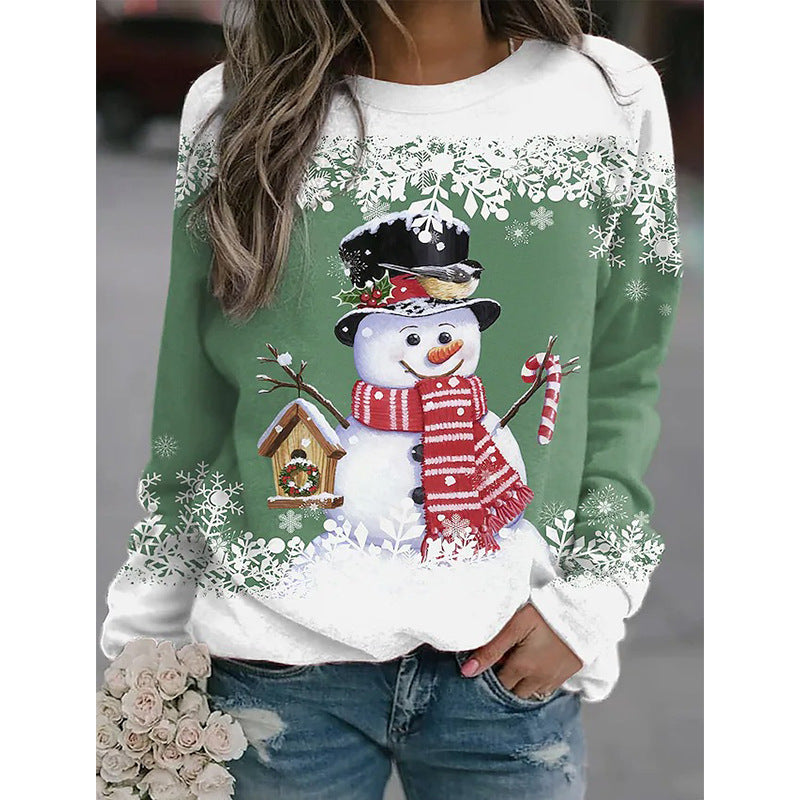 Kerstmis Casual Oversized Bedrukte Sneeuwpop-Print Sweatshirt met Ronde Hals
