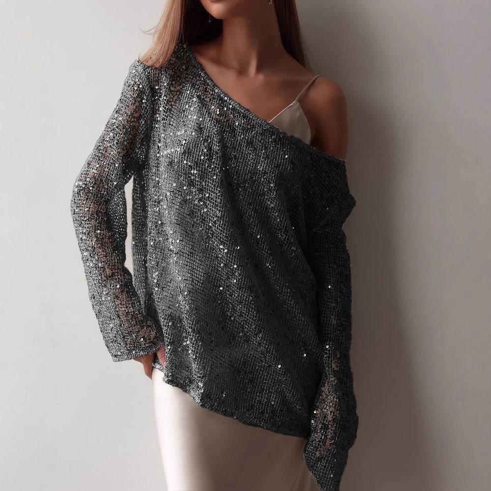 Amerikaanse Elegante Off-Shoulder Holle Oversized Pullover Pailletten Top en Lange Mouwen voor Dames & Plus-size