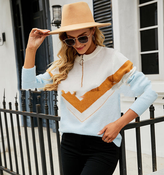 Europese en Amerikaanse Contrastkleur V-vormige Trui met Rits voor Dames & Meiden