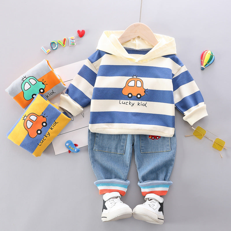 Kindermode 2-delig Outfit Gestreepte Hoodie met Autoprint & Jeans voor Baby's/ Peuters