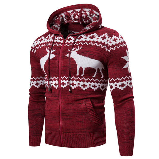 Kerstmis Casual Effen Kleur Gebreide Kersttrui met Ritssluiting en Capuchon in Fawn-Stijl voor Heren
