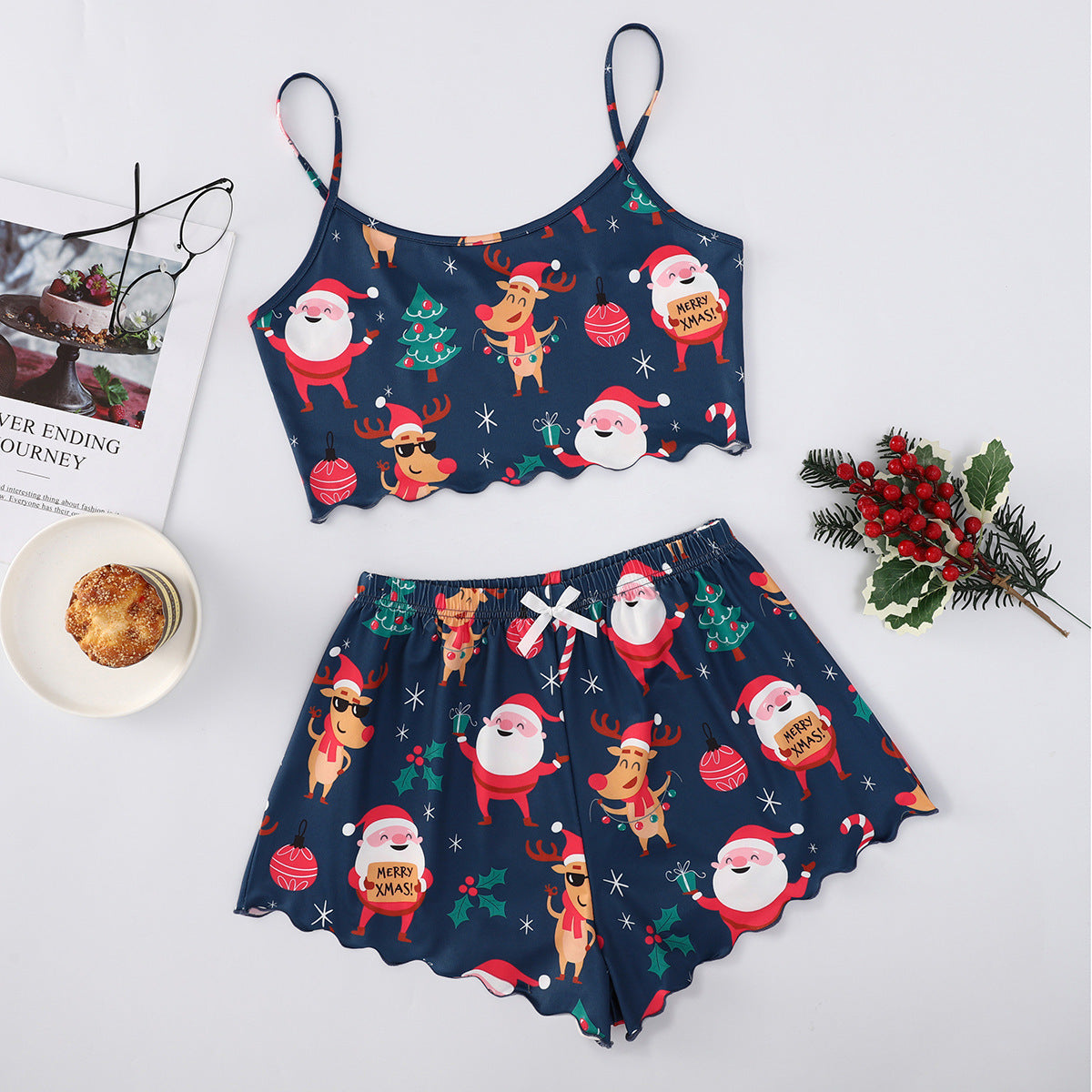 Kerstmis Amerikaanse Casual Bedrukte Kerstmisprint Korte Mouwloze Huis/ Pyjama-outfit met Spaghettibandjes voor Dames & Meiden