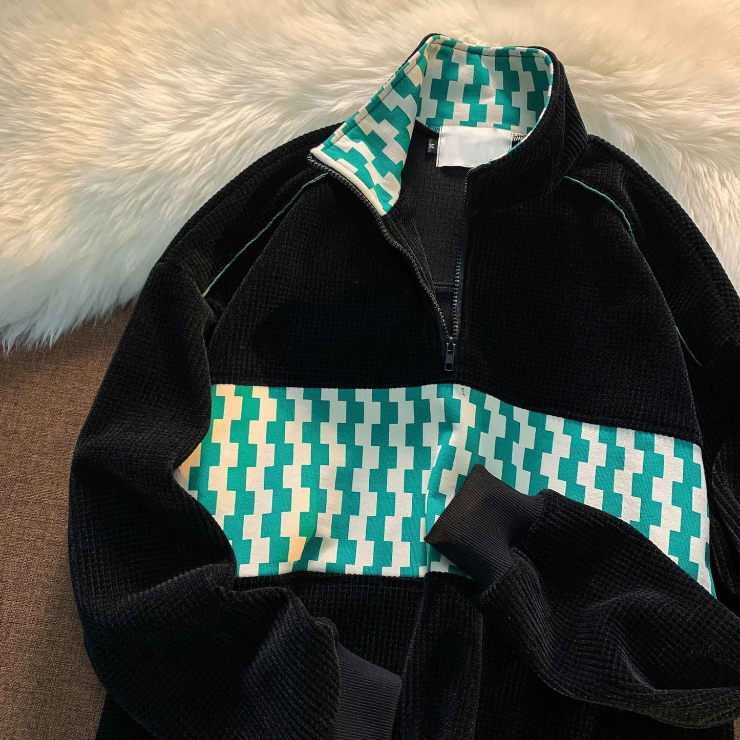 Amerikaanse Stijl Stitch Wafelgebreide Trui met Staande Kraag voor Heren