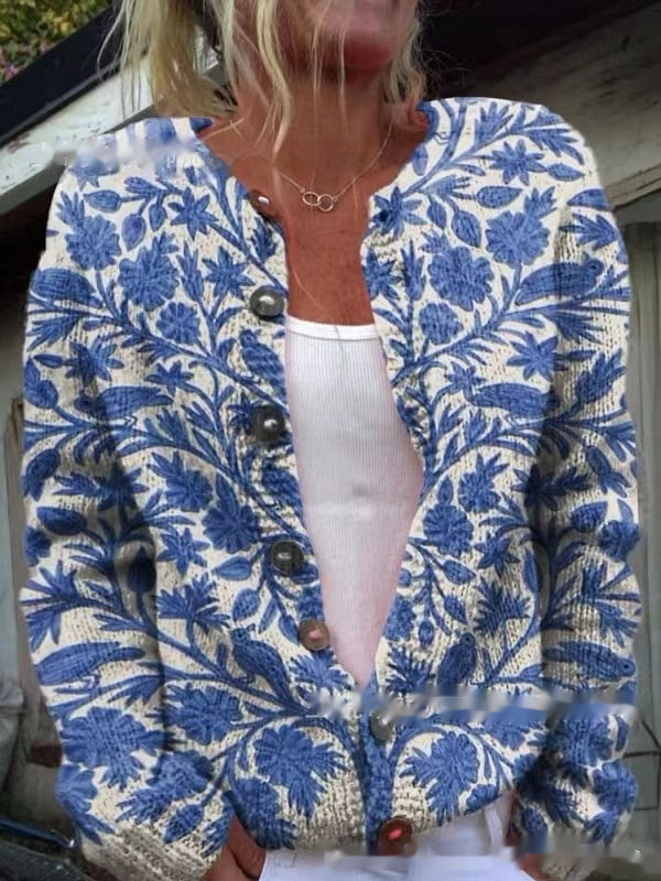 Casual Bedrukte Patroon Gebreide Trui-vest met Lange Mouwen en Knoopsluiting voor Dames & Plus-size