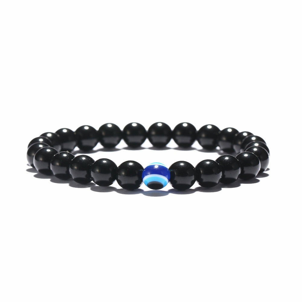 Trendy Effen Kleur Klassieke Turkse Boze-Oog (Nazar) Armband met Zwarte Natuurstenen (Obsidiaan) voor Heren