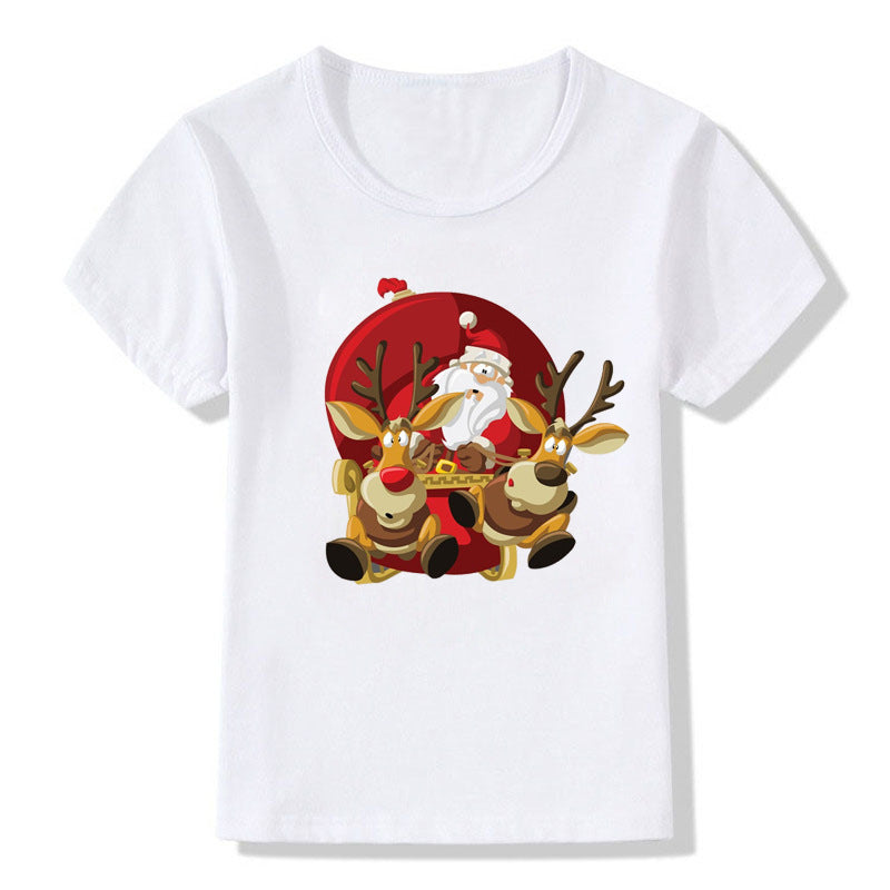 Amerikaanse Kerstmis Casual Bedrukte Schattige Cartoon Kerst T-shirt met Ronde Hals en Korte Mouwen voor Kinderen