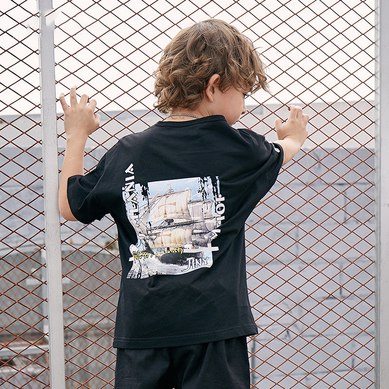 Amerikaanse Trendy Casual Bedrukte Ronde Hals T-shirt met Korte Mouwen voor Kinderen