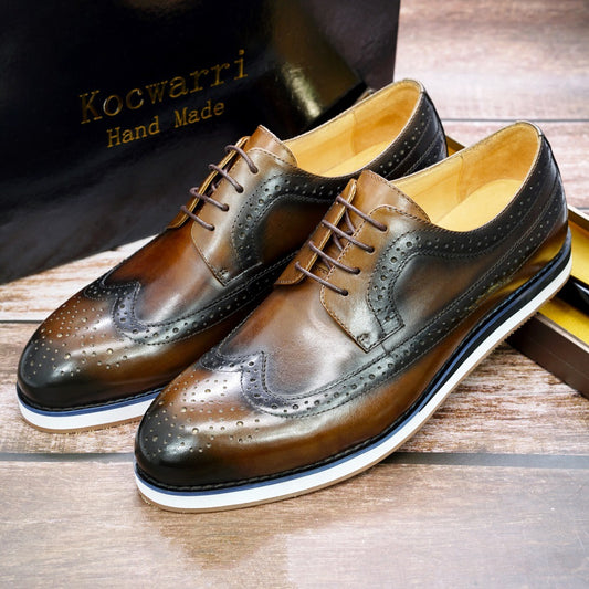 Europese en Amerikaanse Casual Business Handgemaakte Platte Wingtip Brogue Oxfort Schoenen van Echt Leer met Vetersluiting voor Heren