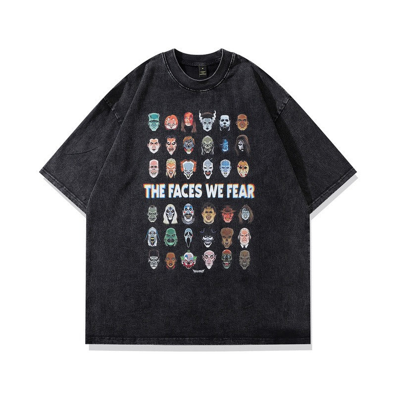 Trendy Effen Kleur Casual Vintage Ronde Hals Cartoonprint T-shirt met Korte Mouwen voor Unisex