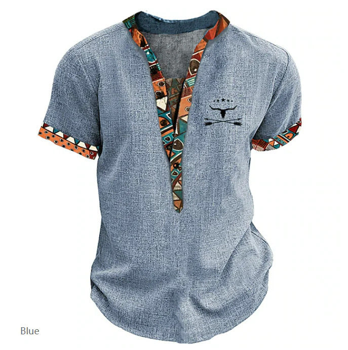 Amerikaanse Casual Effen Kleur 3D-bedrukte Vintage-print V-hals T-shirt met Korte Mouwen en Knoopsluiting voor Heren