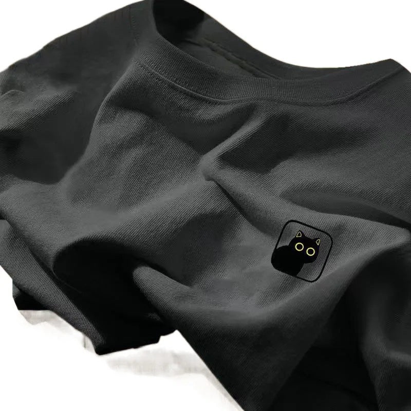 PURE NDY Street Hiphopstijl Eenvoudige Effen Kleur Oversized Casual Ronde Hals T-shirt met Black Cat-print en Korte Mouwen voor Heren & Jongens