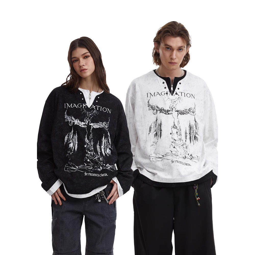 Amerikaanse Retro Punk Bedrukte Long Sleeve Tweedelig T-shirt met Parelknoopsluiting en V-hals voor Unisex