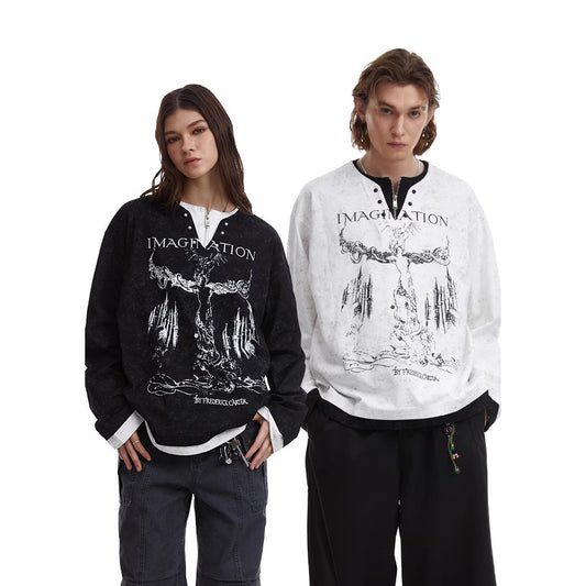 Amerikaanse Retro Punk Bedrukte Long Sleeve Tweedelig T-shirt met Parelknoopsluiting en V-hals voor Unisex