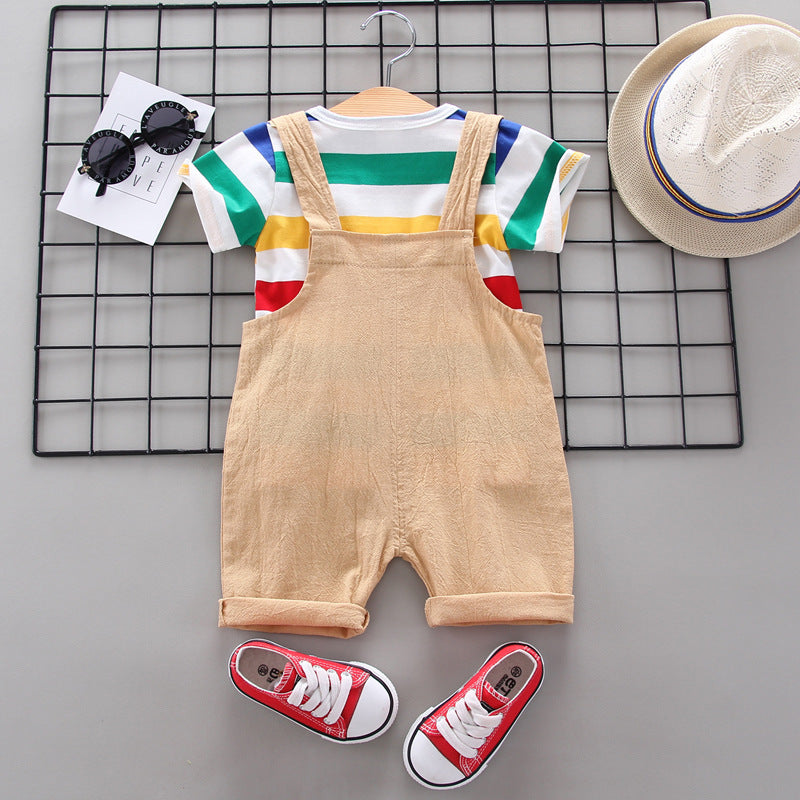 Trendy 2-delige Set Regenboog T-shirt met Korte Mouwen & Bibbroek voor Baby's/ Peuters