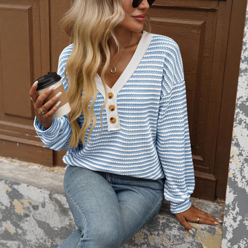 Casual Gestreepte V-hals Top met Lange Mouwen en Knopen voor Dames & Plus-size