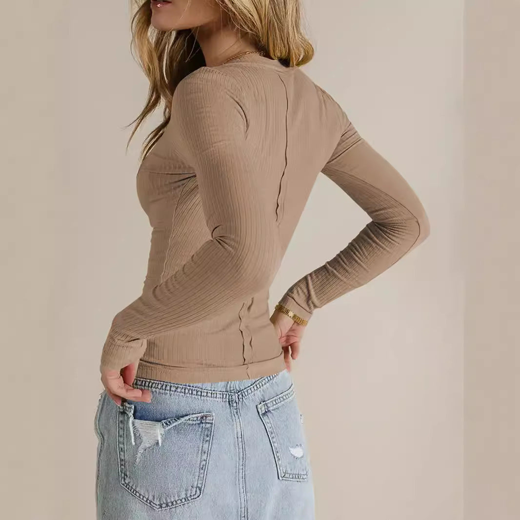 Europese Casual Slim-fit Geribbelde Smalle Schouders Top in Effen Kleur met V-hals en Lange Mouwen voor Dames
