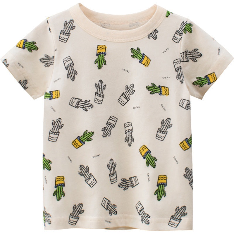 Trendy Casual Effen Kleur Korte Mouw T-shirt met Bedrukte All-over Cactusprint en Korte Mouwen voor Kinderen